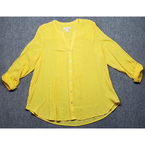 Kim Rogers Top Womens XL Yellow 3/4 Sleeve Button Front Textured Blouse Shirt - Picture 1 of 10